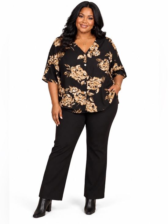 Cato Tops - Plus Size 18/20W Black Floral Blouse Gold Beige Flowy Button Front Top